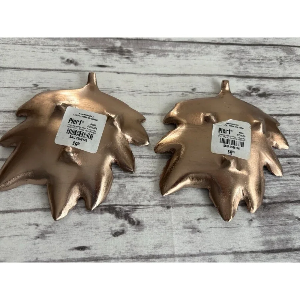 PAIR Pier One Fall Leaf Shaped Rose Gold Plates Metal Trinket Trays Decor 5”